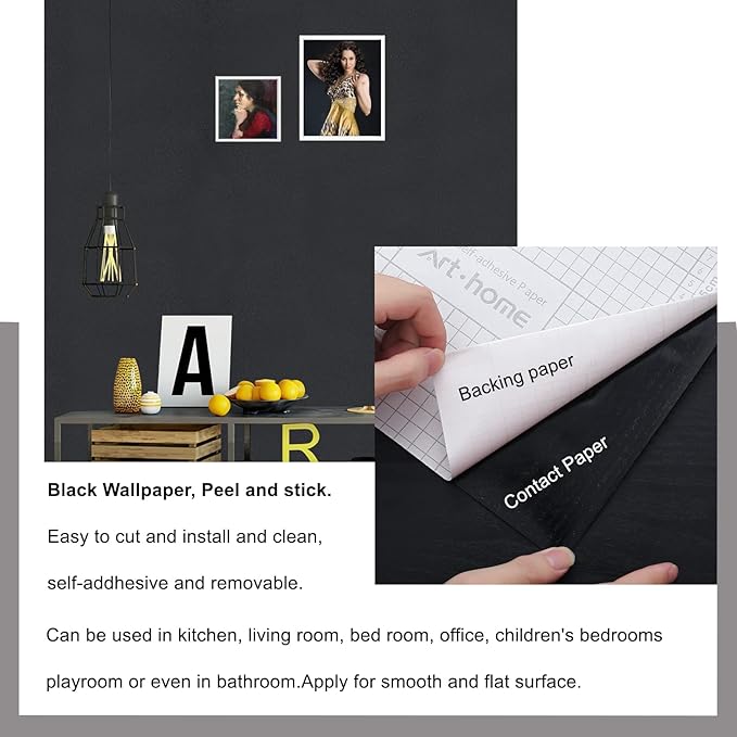 Arthome 11.8''x100'' Black Contact Paper, Self Adhesive Wallpaper Waterproof