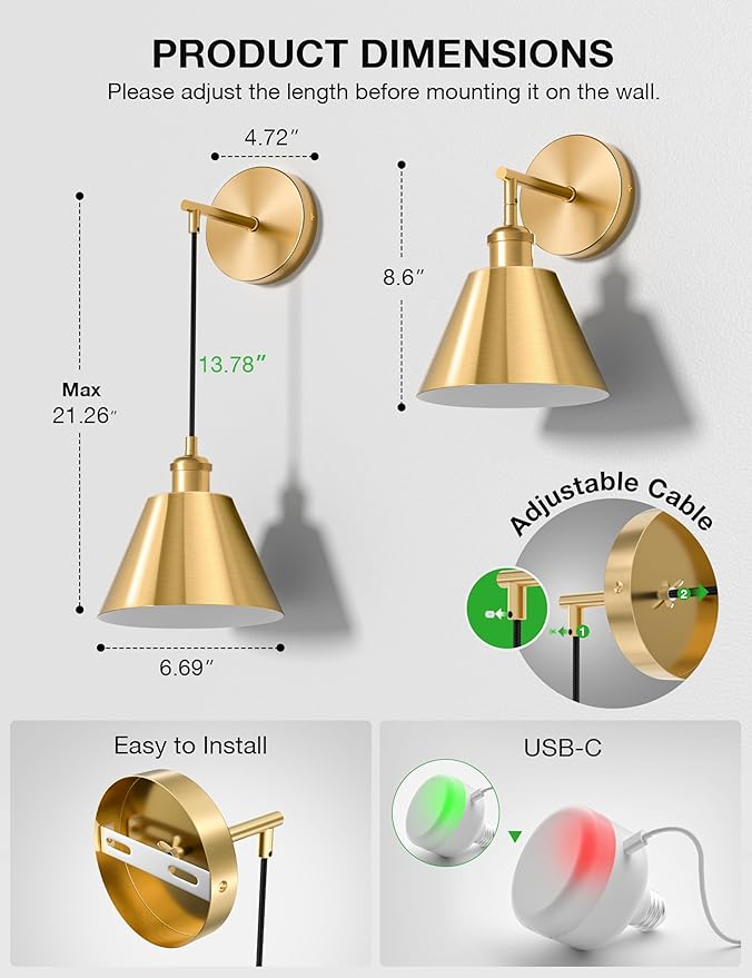 NIORSUN Brushed Gold Battery Operated Wall Sconce Set of 2, 5200mAh Dimmable