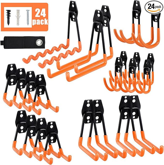 AOBEN 24PCS Garage Hooks, Heavy Duty Double Garage Hanger Organizer Wall Mount Iron Anti-Slip Garage Storage Hooks for Ladder, Power Tool,Bike,Ropes（23 Hooks & 1 hoder Strap-Orange
