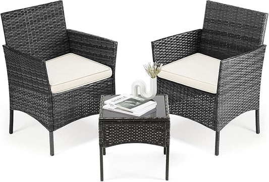 DUMOS 3 Piece Patio Furniture Set, All-Weather Outdoor Wicker Chairs with Removable Cushions & Tempered Glass Table, Small Bistro Set for Porch, Balcony, Lawn, Backyard, Black
