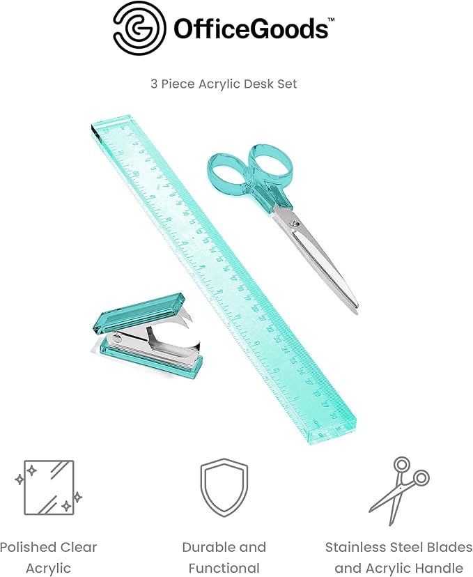 OfficeGoods 3 Piece Acrylic Desk Set - Includes Ruler, Staple Remover, Scissors - Functional & Elegant Desk Accessories - Stationery Tools for Home, Office, and School - Green with Silver Metal