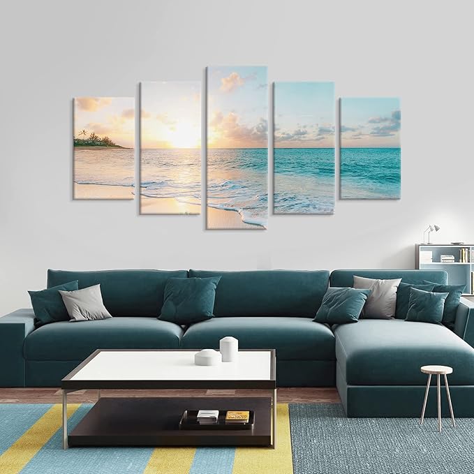 Goldfoilart 5 Pieces Beach Sunset Canvas Wall Art Blue Sea Prints Romantic