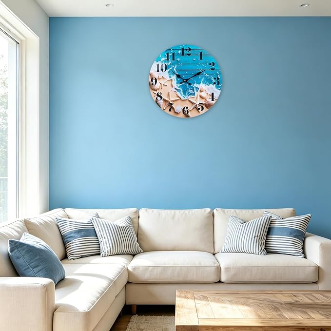 Small Bathroom Wall Clock, Ocean Beach Glass Waterproof Wall Clocks