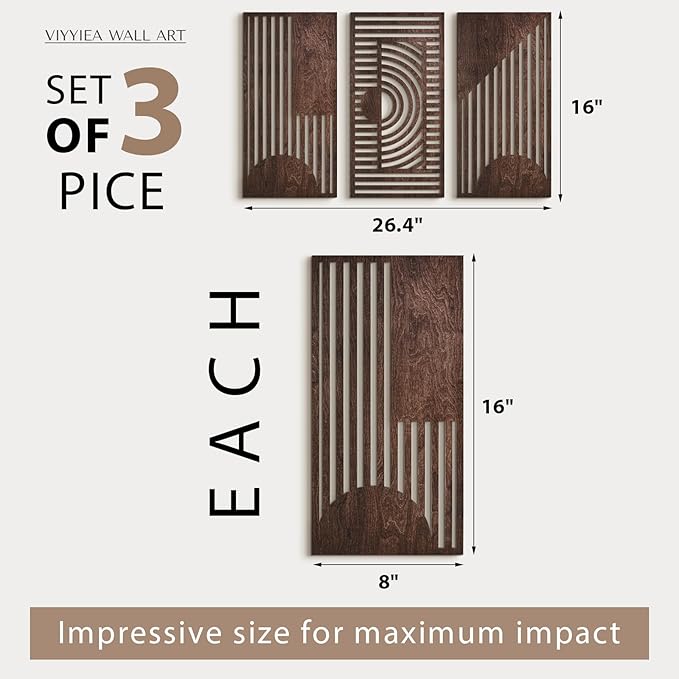 VIYYIEA Boho Solid Wood Carved Wall Art Set of 3, Geometric Minimalist Wooden