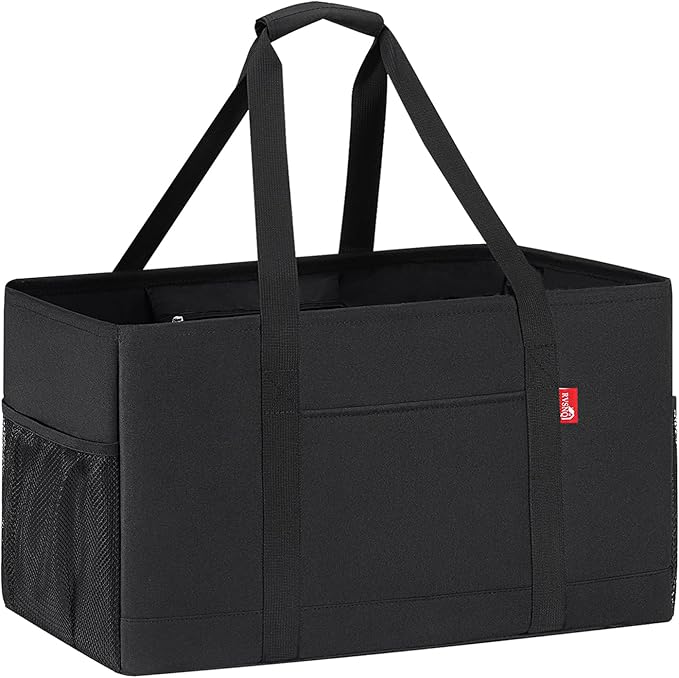 Extra Large Utility Tote Bag, Foldable Reusable Grocery Bags with Metal Wire Frame & Reinforced Bottom Board, Stand Up Large Utility Tote for Shopping, Beach Bag, Laundry, Car (Black)