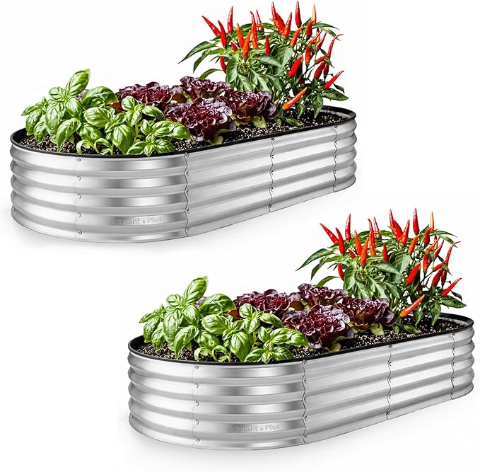 Plant & Plot Galvanized Raised Garden Beds Outdoor // 6Ã3Ã1 ft (2-Pack) Planter Raised Beds for Gardening, Vegetables, Flowers // Large Metal Garden Box // Patented Tool-Free Design (Silver)