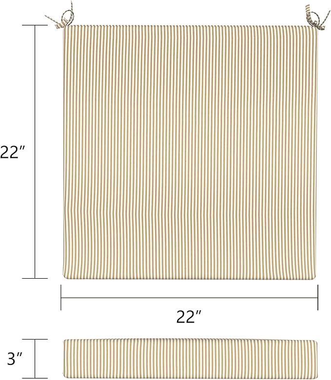 LVTXIII Outdoor Seat Cushions Seasonal Replacement Chair Cushions, Patio Chair Pads with Ties for Dining Chairs and Garden Furniture, Square Back, 22"x22"x3", 2 Pack, Strip Beige