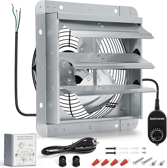 10 Inch Shutter Exhaust Fan, Wall Mount Attic Fan with Thermostat and Speed Controller for Greenhouses, Sheds, Garages, Chicken Coops, Barns Ventilation, 820 CFM