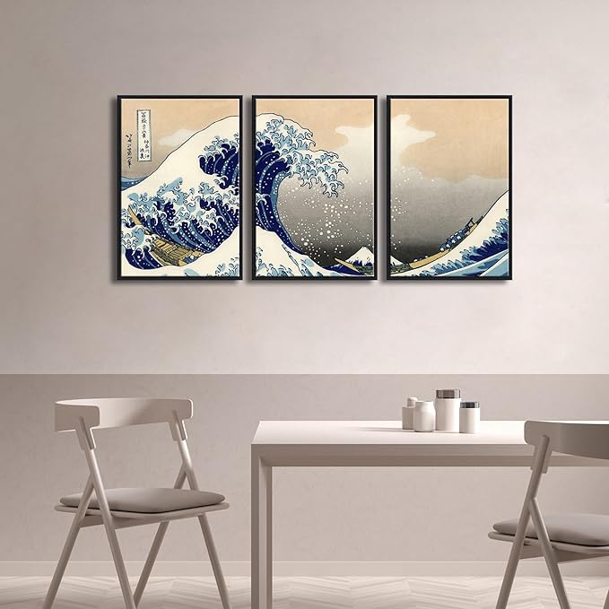 Wieco Art Black Framed Great Wave of Kanagawa Katsushika Hokusai 3 Piece Modern