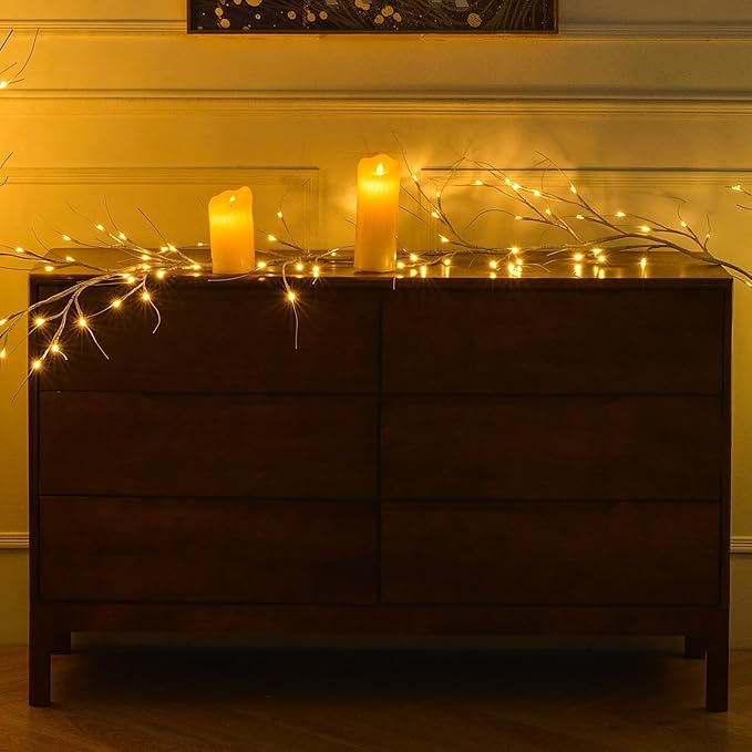 White Birch Garland with Lights 6ft 72LED, Battery Operated Twig Vine with Timer