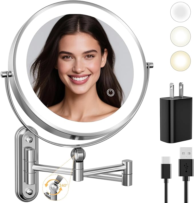 9" Wall Mounted LED Lighted Makeup Vanity Mirror - 4000mAh Rechargeable Double
