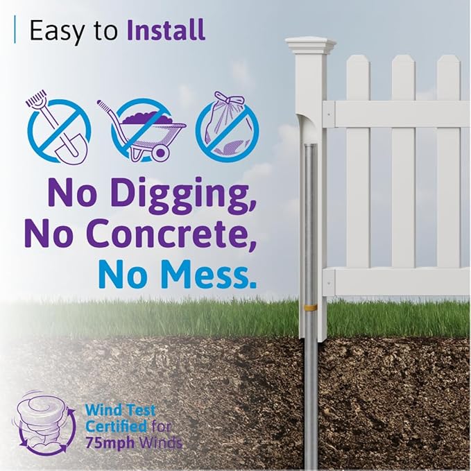 3ft Tall (1 Post) Fence Finishing Post for WamBam Newport No Dig White Picket Fence, Easy Install Outdoor Support for Backyard or Patio, Yard Enclosure Component, No Dig Panels, ZP19003