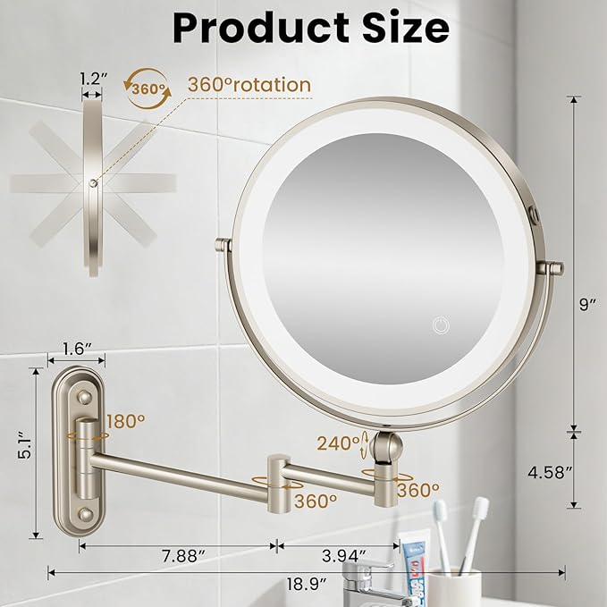 9" Wall Mounted LED Lighted Makeup Vanity Mirror - 4000mAh Rechargeable Double