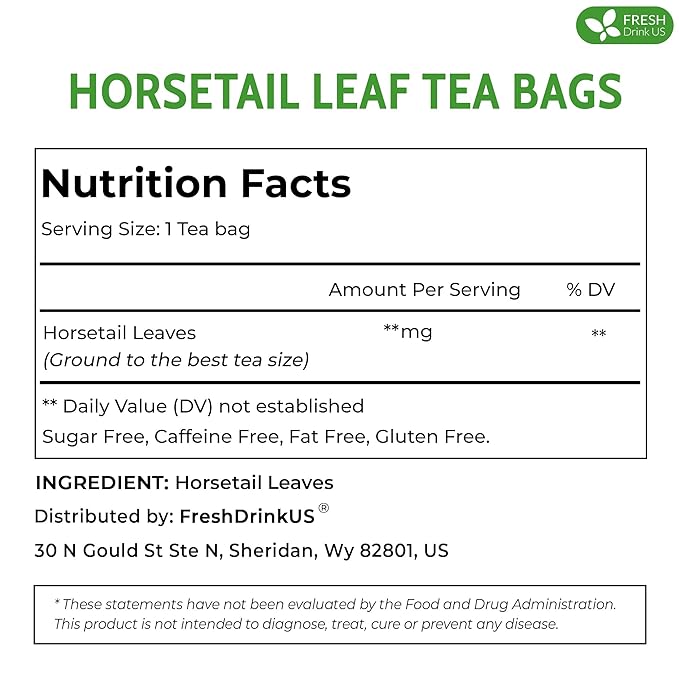 FreshDrinkUS, Premium 30 Horsetail Leaf Tea Bags, 100% Natural & Pure from Horsetail Loose Leaves Herbal Tea. Made with Natural Material Tea Bags. No Sugar, No Caffeine, No Gluten, Vegan.