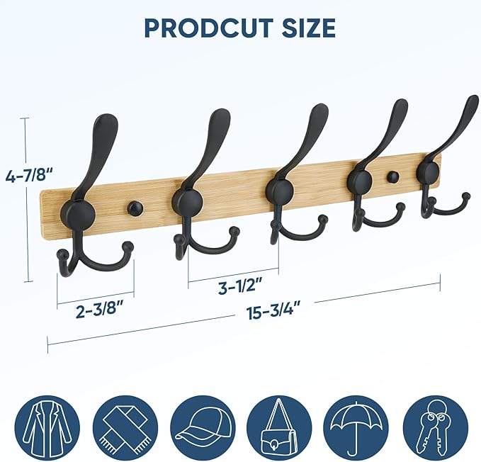 TICONN Wall Mounted Coat Rack, Five Heavy Duty Tri Hooks All Metal Construction