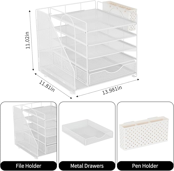 OUTIOE Desk Organizer with Drawer and Pen Holder, 5-Tier Paper Letter Tray Organizer with File Holder, Suitable for Workspace Organizer Office Supplies Storage (White)