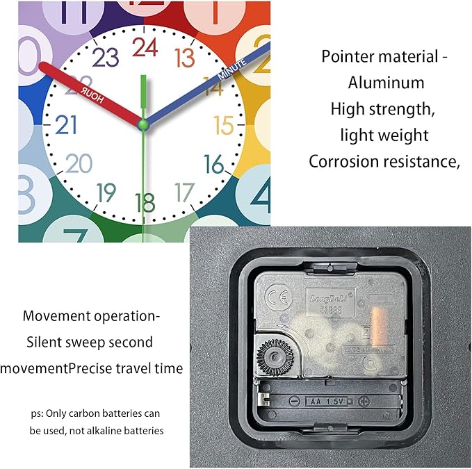 XFM Teaching Clocks Kids Colorful Small Wall Clock Battery Operated 10 Inch