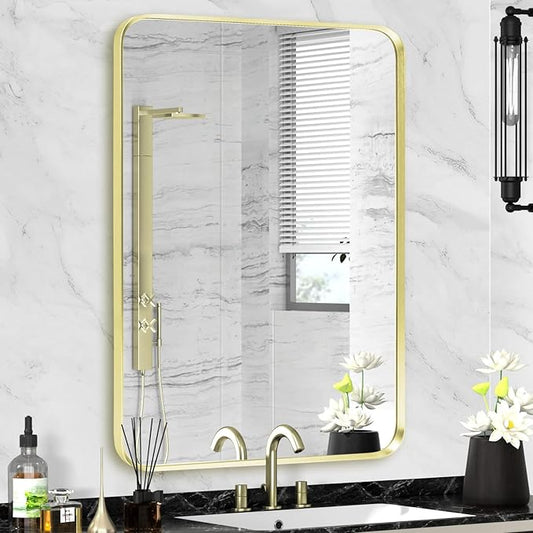 Gold Framed Bathroom Mirror, Brushed Gold Bathroom Vanity Wall Mirror, Rounded