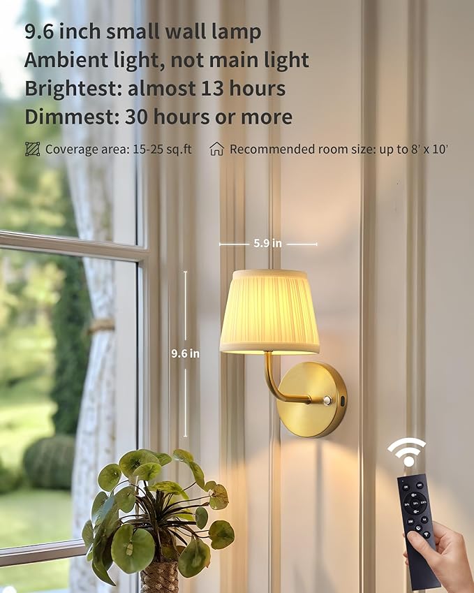 PUSU LED Cordless Gold H9.6 inch Small Wall Sconces Set of 2, Rechargeable