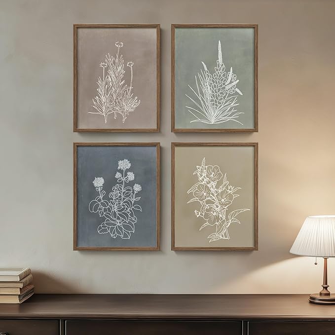 Boho Framed Botanical Wall Art for Bathroom Decor, 4 Piece Rustic Floral Canvas