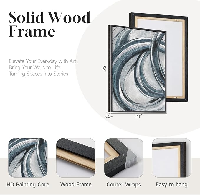 Framed Blue Gray Abstract Wall Art Set of 2, Modern Circle Line Canvas Artwork