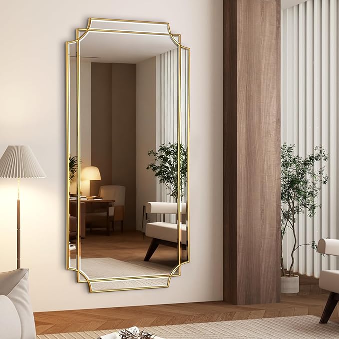 HQiJun Gold Full Length Mirror for Wall, Polished Bevelled Rectangle Mirror