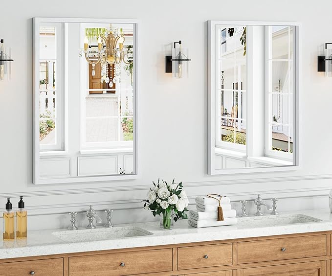Syndra White Wood Frame Bathroom Mirror, Waterproof Slim Deep Frame,