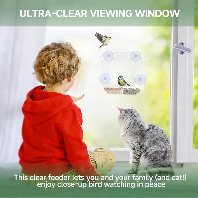 Window Bird Feeder with 4 Extra Strong Suction Cups, Clear Bird Feeder with Dual Seed Tray, Easy to Install & Clean, Birdfeeder for Viewing Wild Birds, Bird Watching Gift, Garden Decor
