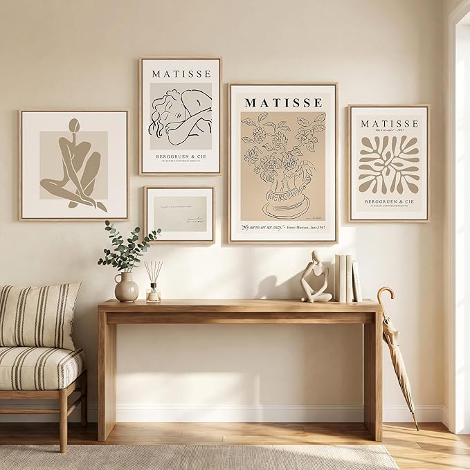 Large Framed Matisse Wall Art Set of 5, Neutral Beige Abstract Geometric