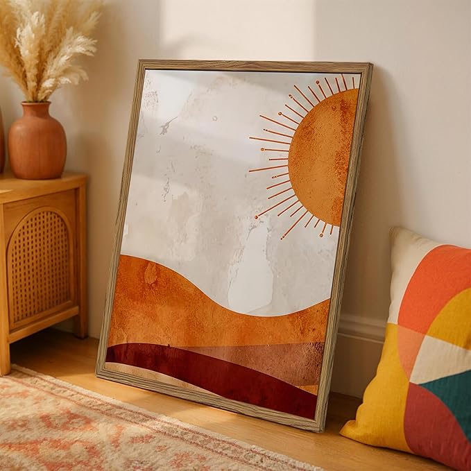Framed Boho Sun and Moon Canvas Wall Art Set of 2, Vintage Western Desert