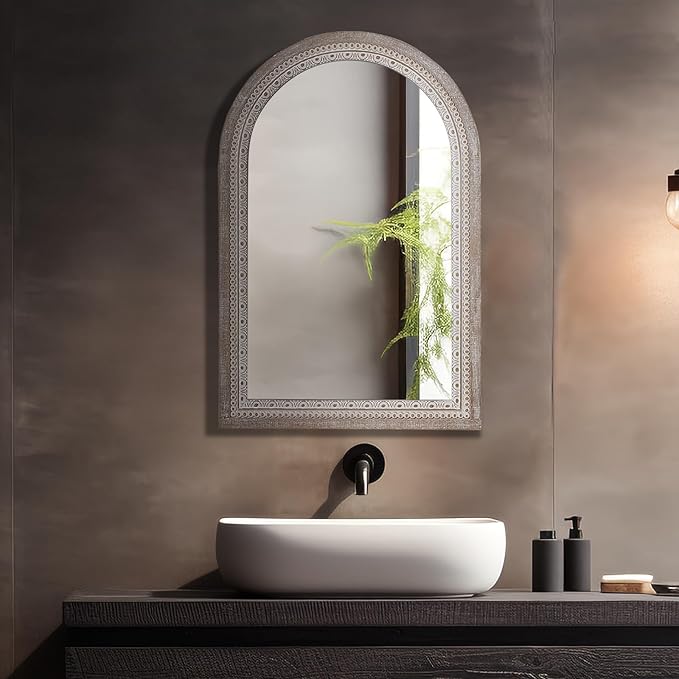 36x24 Inch Rustic Farmhouse Arched Wall Mirror, Boho Distressed Wooden Frame