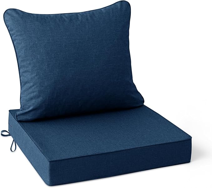 Summsun Outdoor Chair Cushions, Faux Linen Backrest and Deep Seat Cushion Set for Patio Furniture with Weather Resistant Removable Cover, Ties, Non-Slip Bottom, 24 x 24 Inch, Navy