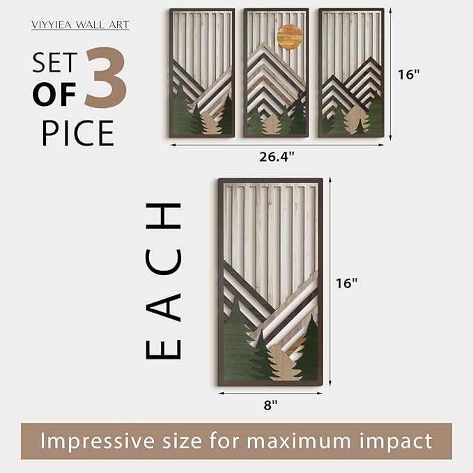 VIYYIEA Boho Solid Wood Carved Wall Art Set of 3, Geometric Minimalist Wooden