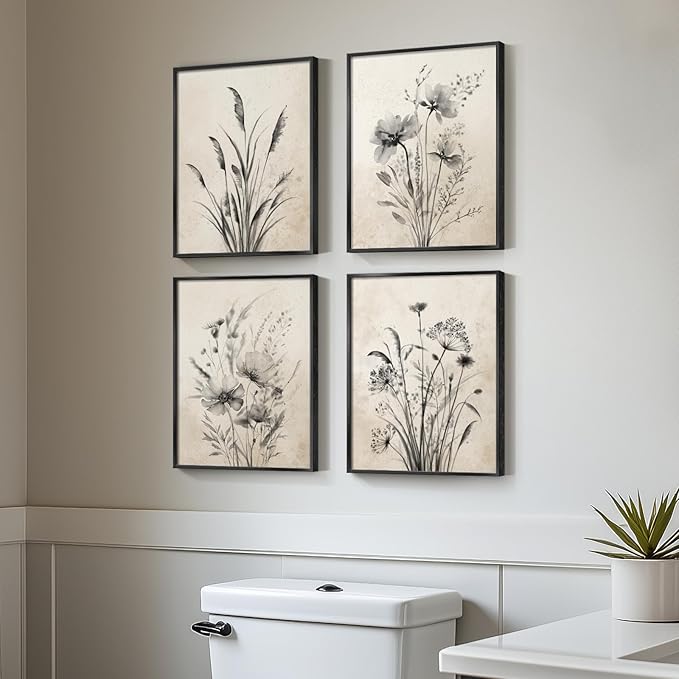 Framed Boho Vintage Botanical Wall Art, 4 Piece Black and White Floral Canvas