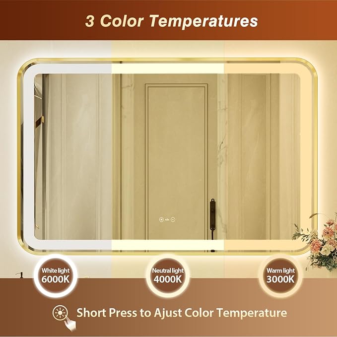 32x55 Inch Gold Framed LED Bathroom Mirror