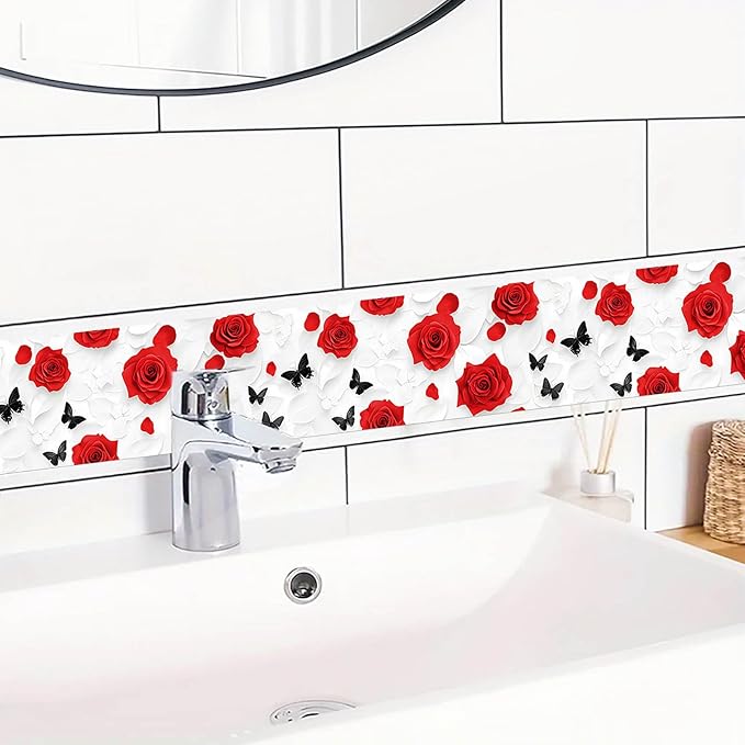 IVN Red Rose Black Butterfly Peel and Stick Wallpaper Border 4 x 196 Inch Self