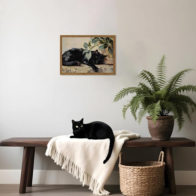 Framed Black Cat Canvas Wall Art, Vintage Sleeping Cat