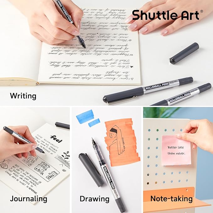 Shuttle Art Rollerball Pens, 10 Pack 0.5mm Extra Fine Point Black Liquid Ink Pens, Quick Drying & Long Lasting Pens Black Ink for Writing, Journaling, Notes Taking, School Office Supplies