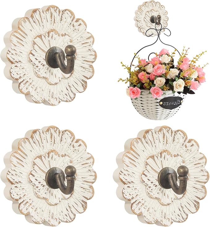 Weysat 4 Pcs Vintage Hooks for Wall Wood Farmhouse Towel Hooks Shabby Chic Wall