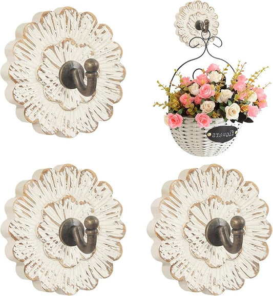 Weysat 4 Pcs Vintage Hooks for Wall Wood Farmhouse Towel Hooks Shabby Chic Wall