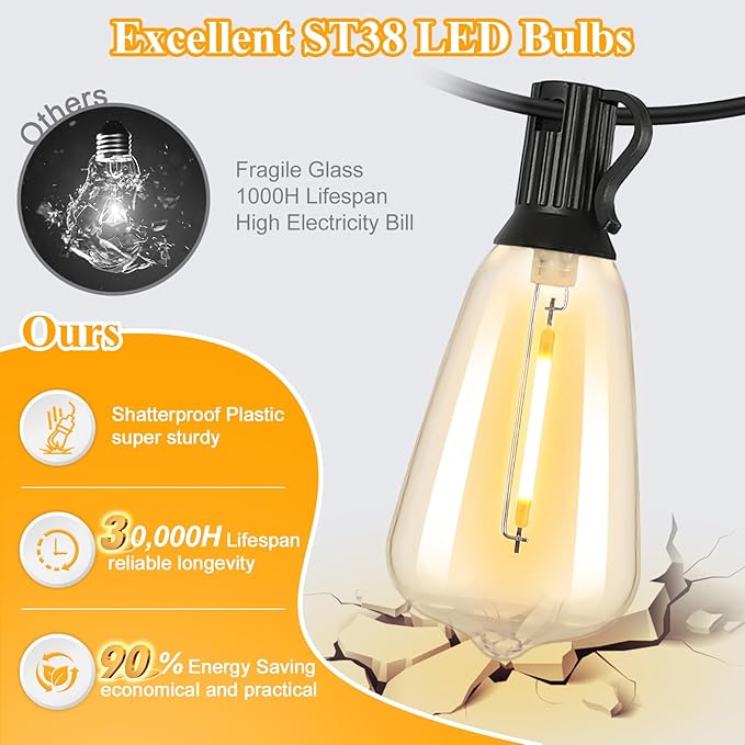 Brightever LED Outdoor String Lights 100FT Patio Lights with 52 Shatterproof 2200K ST38 Vintage Edison Bulbs, Amber Outside Hanging Light Waterproof for Porch, Deck, Garden, Dimmable Amber Lights