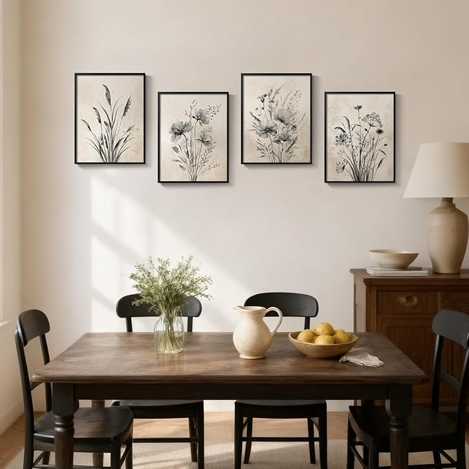 Framed Boho Vintage Botanical Wall Art, 4 Piece Black and White Floral Canvas