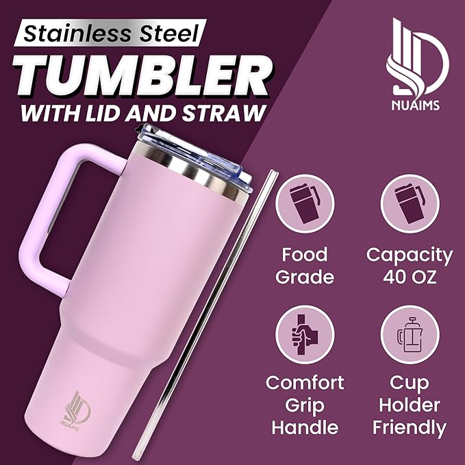 40oz Insulated Tumbler with Handle, Leakproof Straw Lid & Carry Handle - Double Wall Vacuum Insulation Keeps Ice 24 Hours, BPA Free Stainless Steel Water Bottle (Seashell)