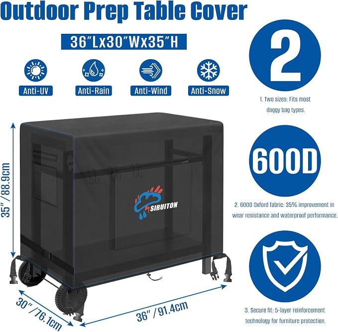 SIRUITON Outdoor Bar Cart Cover for 36 Inch Portable Outdoor Table, Heavy Duty 600D Oxford Fabric Outdoor Waterproof BBQ/Worktable Metal Movable Table Cover