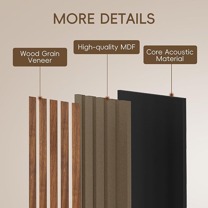 EVERECO 6 Pack Wood Slat Acoustic Wall Panels 92.5" × 7.87", 3D Sound Absorbing