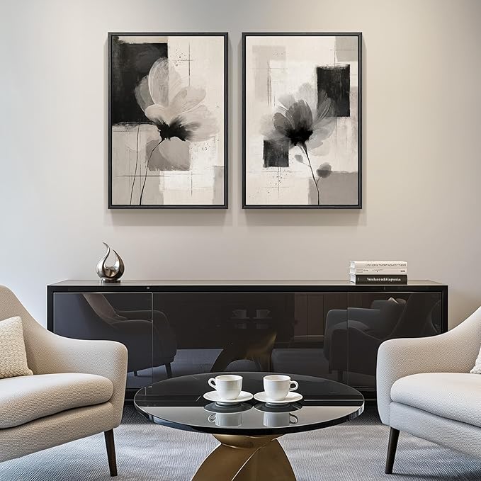 Framed Neutral Abstract Floral Wall Art, 2 Piece Black and Beige Minimalist