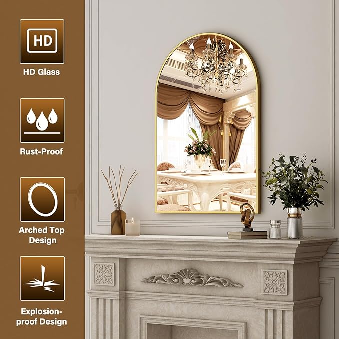 XRAMFY 20"x30" Gold Arched Bathroom Mirror
