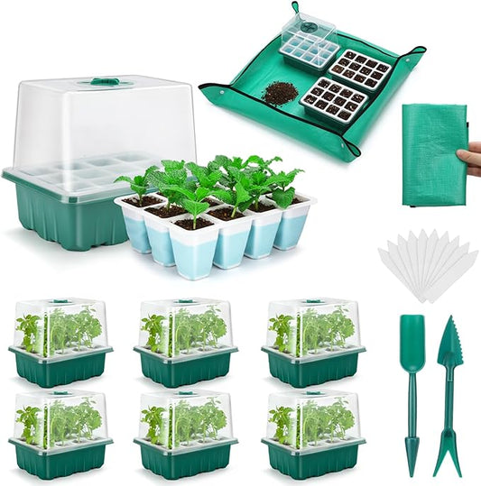 Hanaoyo Reusable Seed Starter Tray with 72 Soft Silicone Cells, 6 Pack Seed Starter Kit with Repotting Mat, Humidity Dome and High Lid, Germination Trays for Indoor Greenhouse Seed Starter