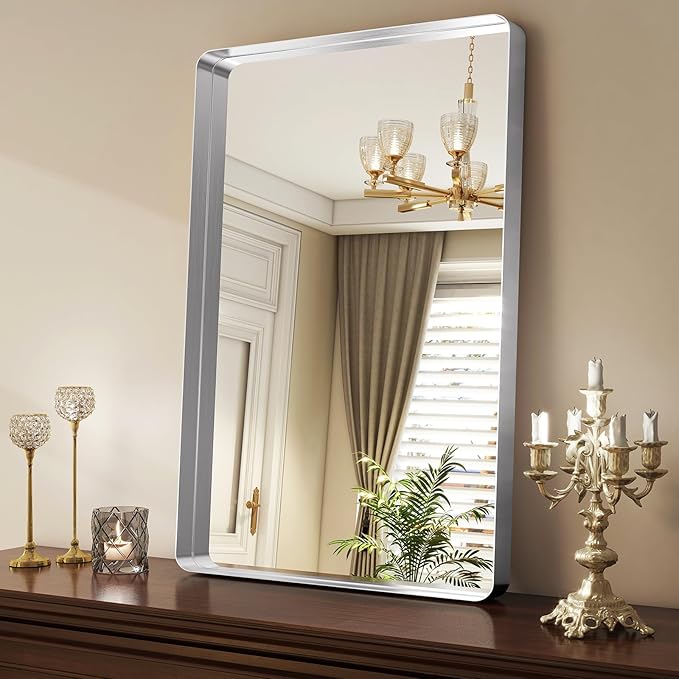 Easly Silver Bathroom Mirror for Wall, 36x24 Inch Rectangular Aluminum Alloy