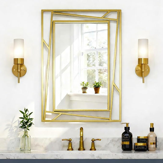 Brushed Gold Bathroom Mirror, Hang Horizontally or Vertically